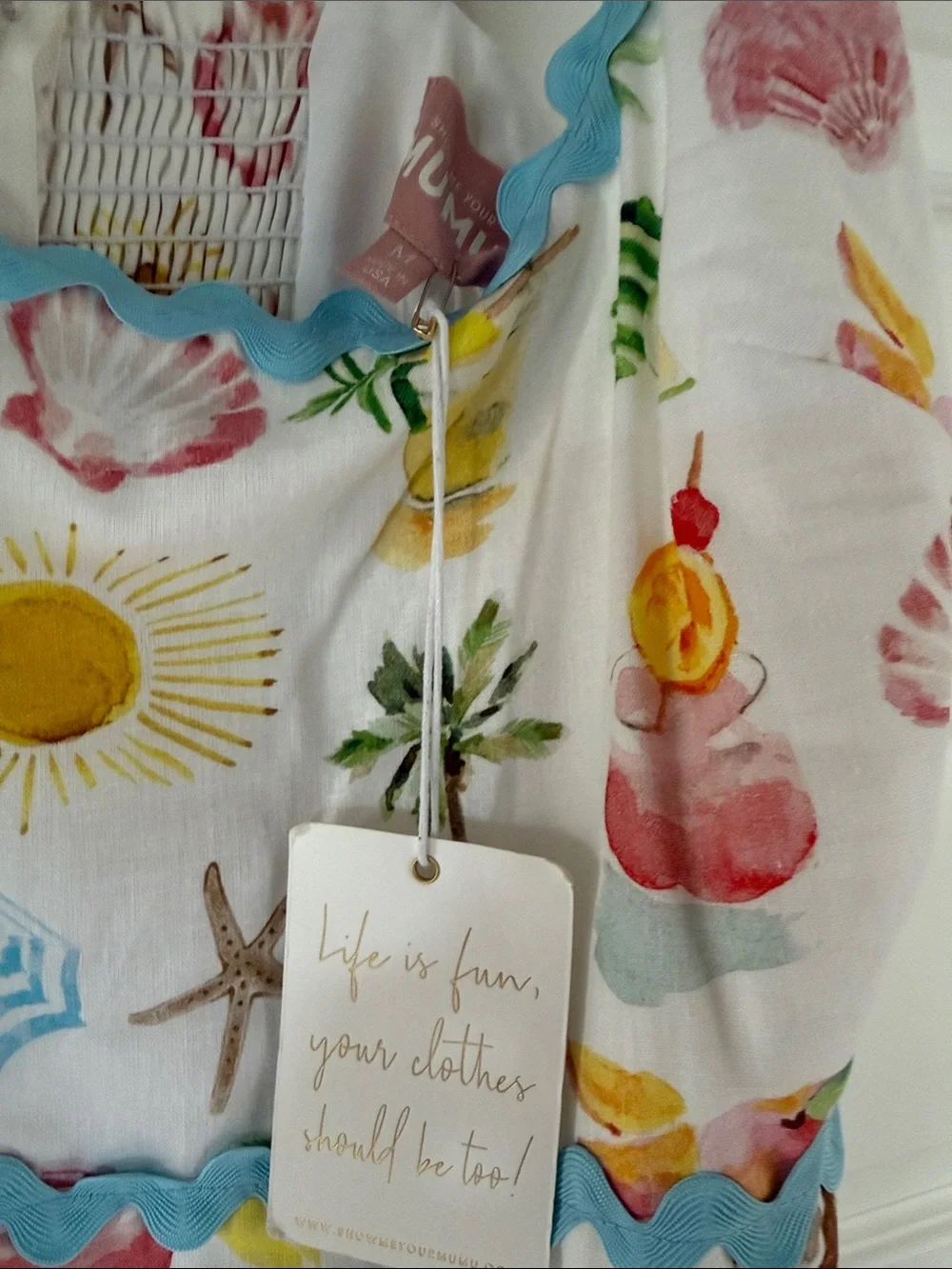 Show Me Your MuMu White Mini Dress with Blue Ricrac and Multicolor Beach Print - Picture 2 of 3